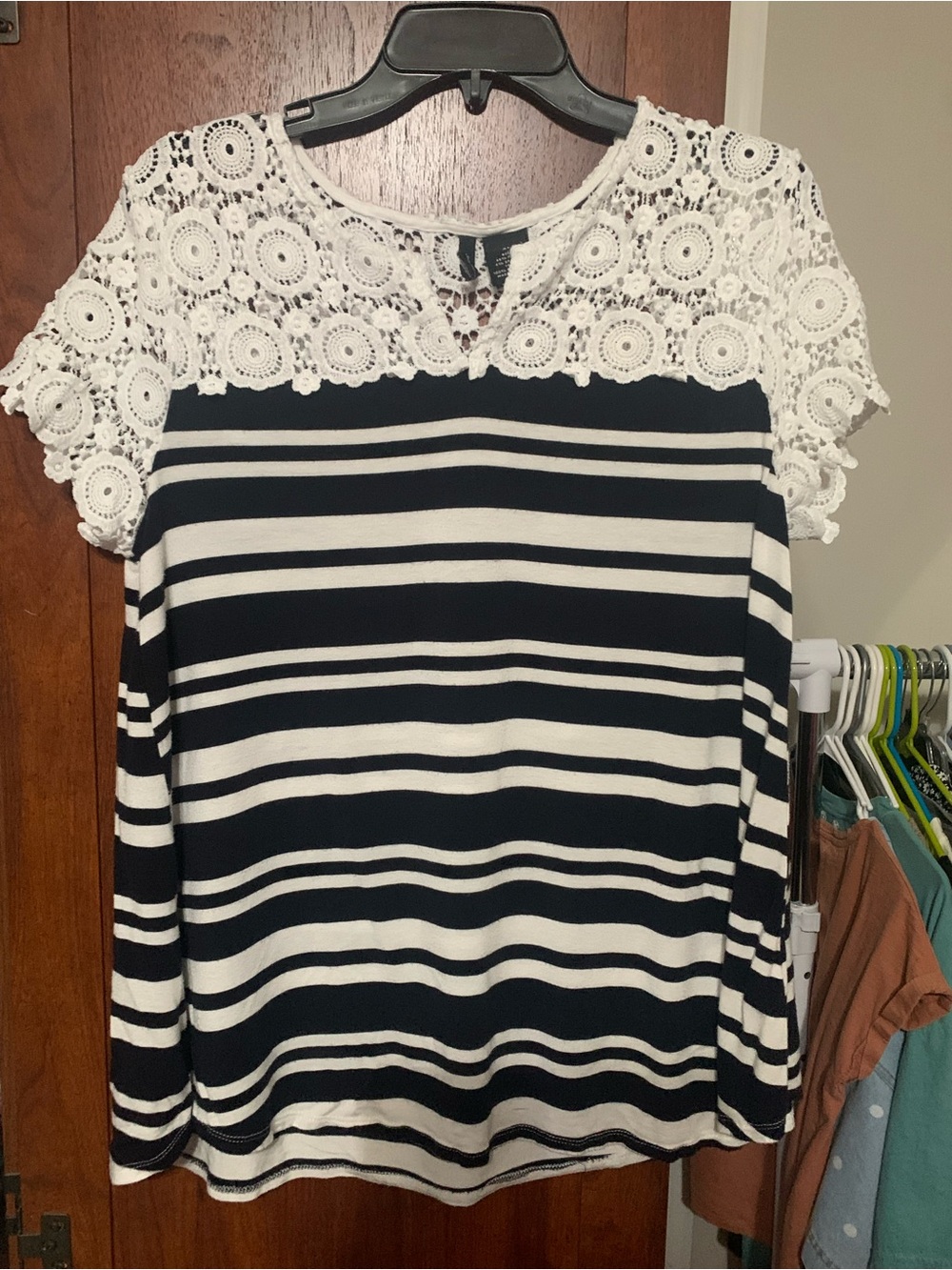 new directions Navy and White Striped Crochet Yoke Short Sleeve Top